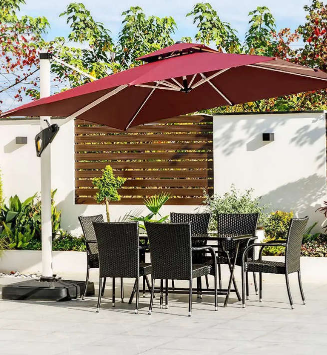 3M Patio Garden Cantilever Umbrella With Lights & Water Base Stand