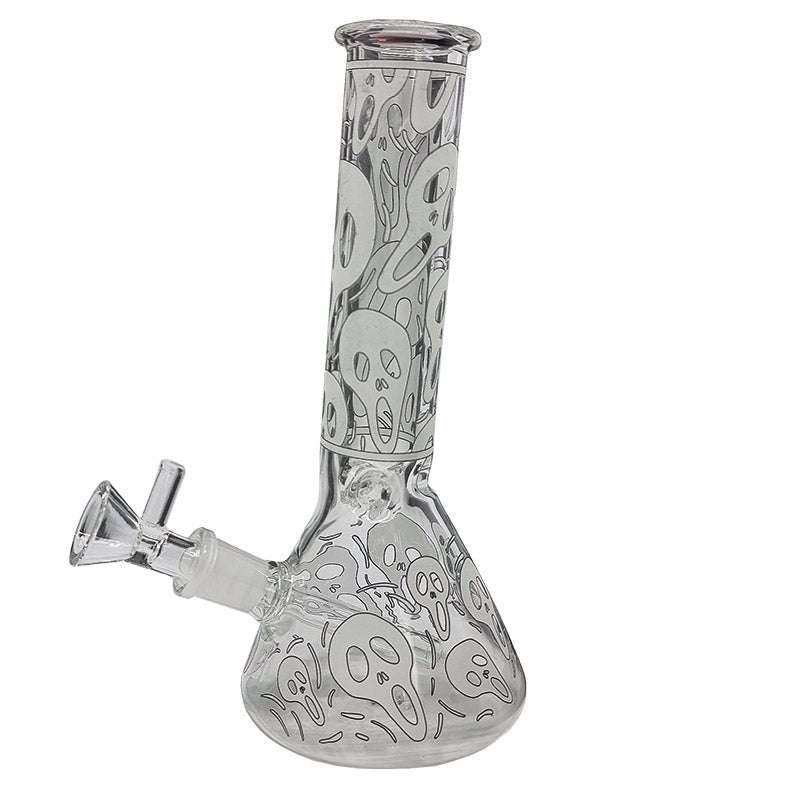 Glass beaker bong with glow-in-the-dark Ghost mask - White