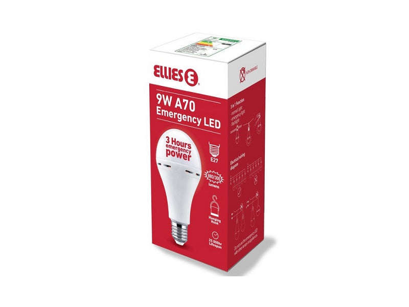 Ellies 9W LED A70 Rechargeable Emergency Bulb E27 Screw - 4000K, 3-Hour Backup