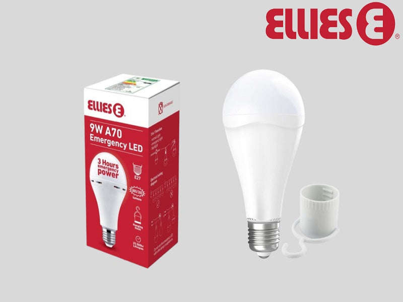 Ellies 9W LED A70 Rechargeable Emergency Bulb E27 Screw - 4000K, 3-Hour Backup