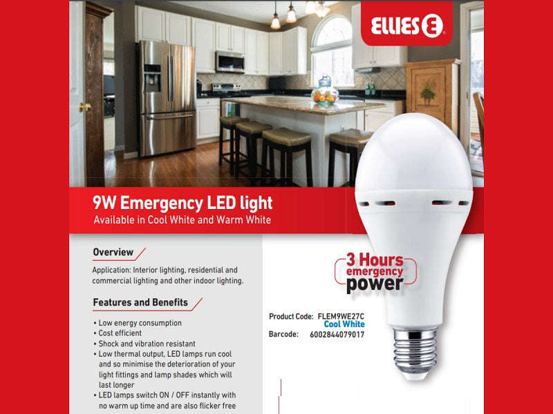Ellies 9W LED A70 Rechargeable Emergency Bulb E27 Screw - 4000K, 3-Hour Backup