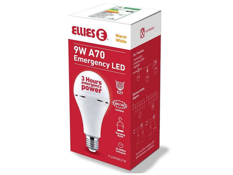 Ellies 9W A70 Emergency LED Bulb E27 - 880lm, 3000K Warm White, 3hr Backup