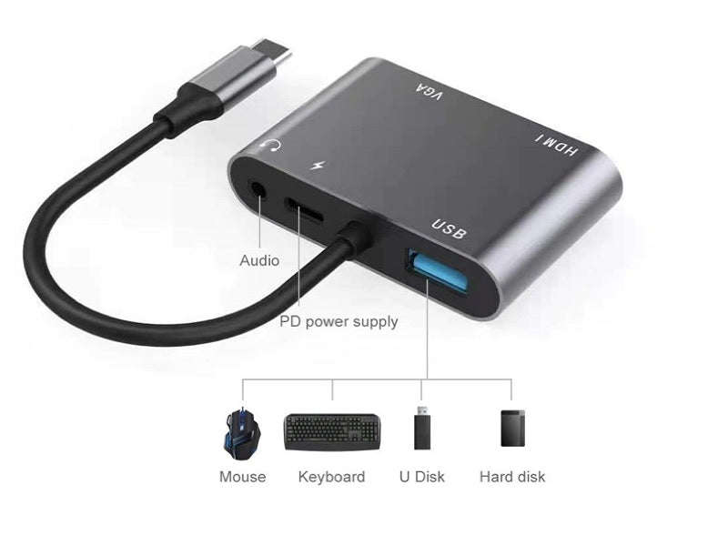 Airsky 5-in-1 USB-C Hub - 4K HDMI, VGA, USB 3.0, 100W PD, 3.5mm Audio