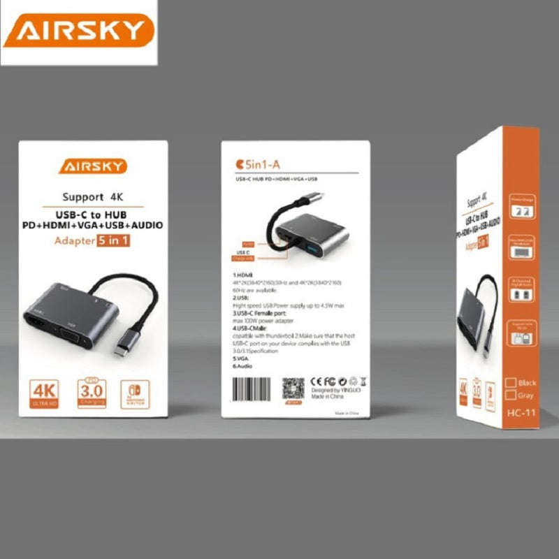 Airsky 5-in-1 USB-C Hub - 4K HDMI, VGA, USB 3.0, 100W PD, 3.5mm Audio