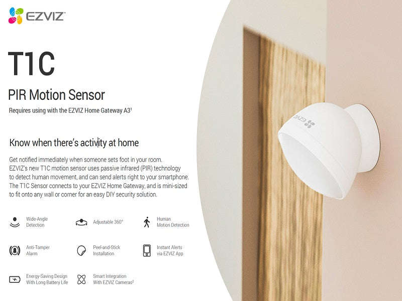 EZVIZ T1C Wireless PIR Motion Sensor - Zigbee 3.0, 7m Range, 2-Year Battery
