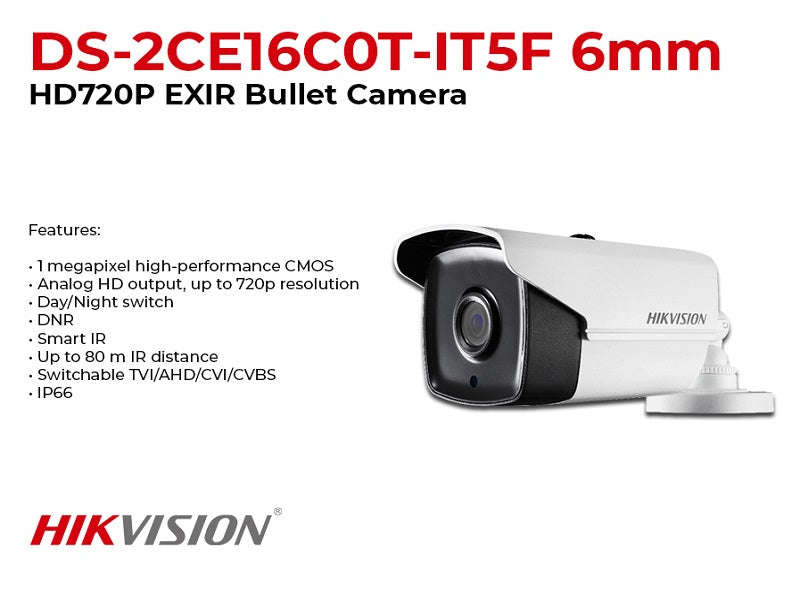 Hikvision DS-2CE16C0T-IT5F 1MP 720p Bullet Camera - 6mm, 80m EXIR, IP66