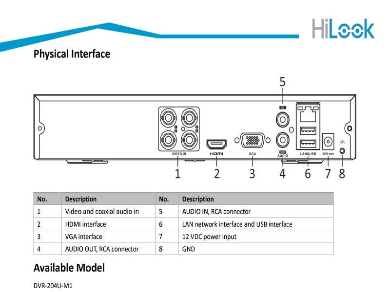 HiLook DVR-204U-M1 4-Channel 8MP DVR - H.265 Pro+, HDMI/VGA, 5-in-1