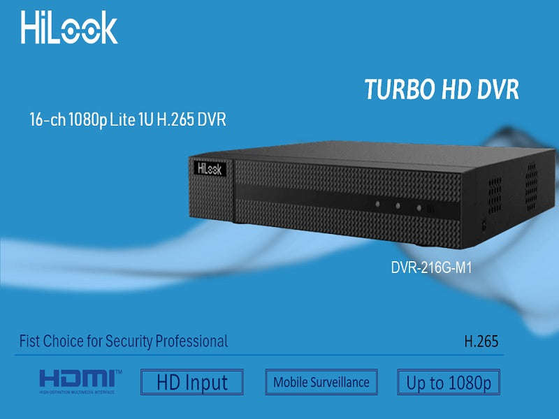 HiLook DVR-216G-M1 16-Channel 1080p Lite 1U DVR - H.265 Pro+, 5MP IP, HDMI