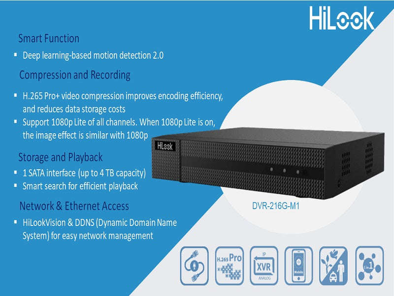 HiLook DVR-216G-M1 16-Channel 1080p Lite 1U DVR - H.265 Pro+, 5MP IP, HDMI