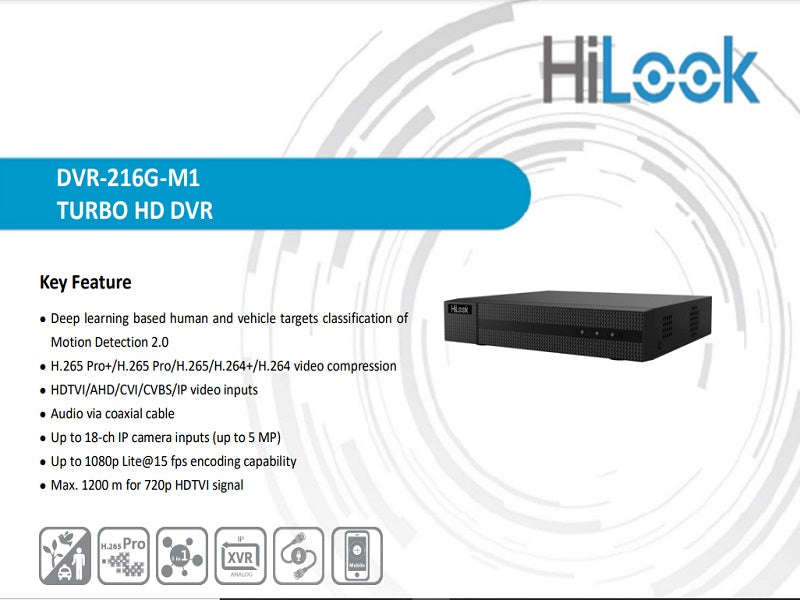 HiLook DVR-216G-M1 16-Channel 1080p Lite 1U DVR - H.265 Pro+, 5MP IP, HDMI