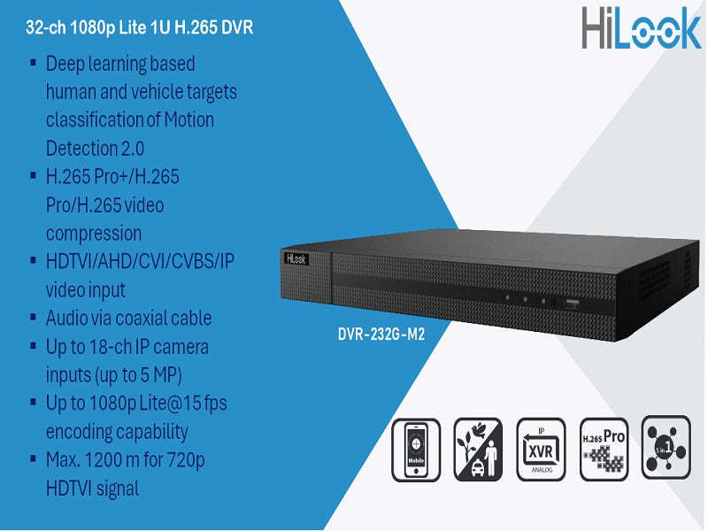HiLook DVR-232G-M2 32-Channel 1080p Lite 1U DVR - H.265 Pro+, Dual SATA, 5MP IP