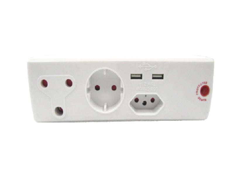 Electricmate EA011S 3-Way Adaptor with 2x USB 2.1A Surge Protection - 16A, 5A, Schuko