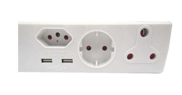 Electricmate EA011S 3-Way Adaptor with 2x USB 2.1A Surge Protection - 16A, 5A, Schuko