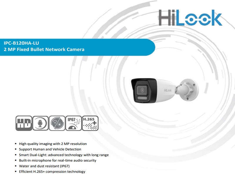 Hilook IPC-B120HA-LU 2MP IP Bullet Camera - 2.8mm, 30m IR, White Light, PoE, IP67