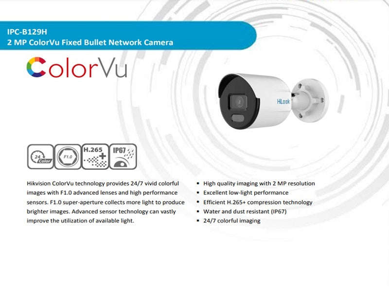 Hilook IPC-B129HA ColorVu 2MP IP Bullet Camera - 2.8mm, 30m White Light, PoE, IP67