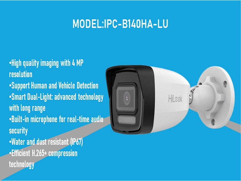 Hilook IPC-B140HA-LU 4MP IP Bullet Camera - 2.8mm, Dual Light 30m, H.265+, PoE, IP67