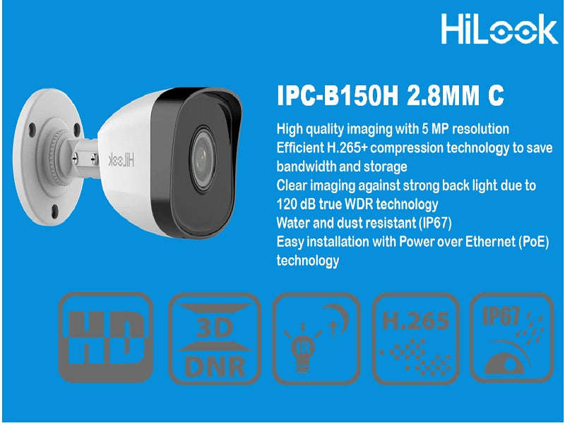 HiLook 5MP IP Bullet Camera 2.8mm - B150H, 30m IR, PoE, 1/2.7" CMOS (IPC-B150H)
