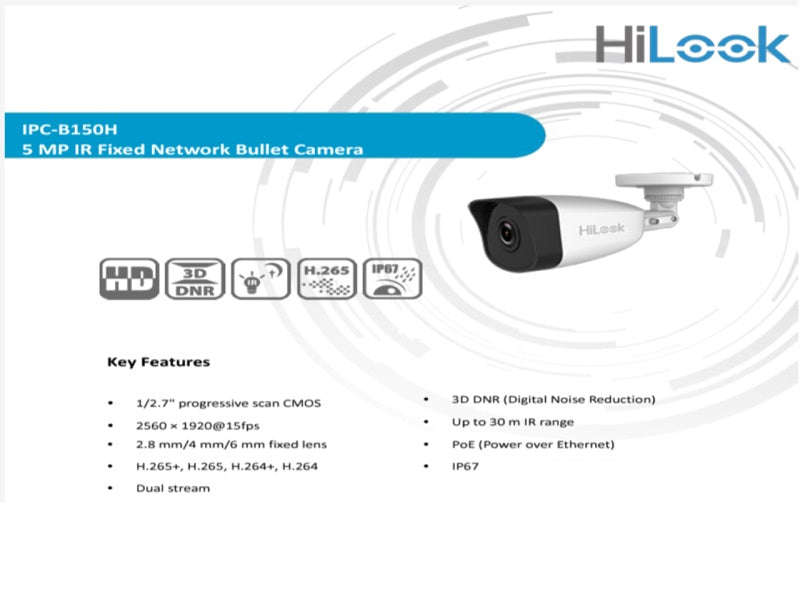 HiLook 5MP IP Bullet Camera 2.8mm - B150H, 30m IR, PoE, 1/2.7" CMOS (IPC-B150H)