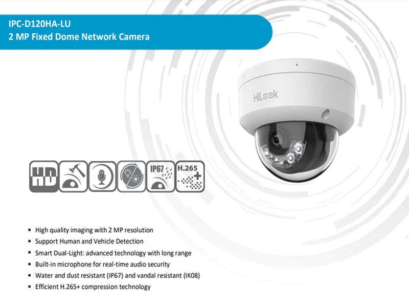 Hilook IPC-D120HA-LU 2MP IP Dome Camera - 2.8mm, 30m IR, White Light, PoE, IP67 IK08
