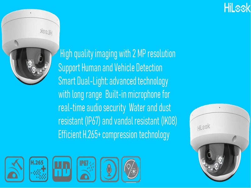 Hilook IPC-D120HA-LU 2MP IP Dome Camera - 2.8mm, 30m IR, White Light, PoE, IP67 IK08