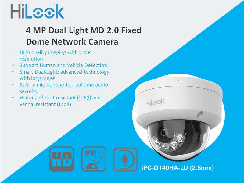 Hilook IPC-D140HA-LU 4MP IP Dome Camera - 2.8mm, Dual Light 30m, 120dB WDR, PoE