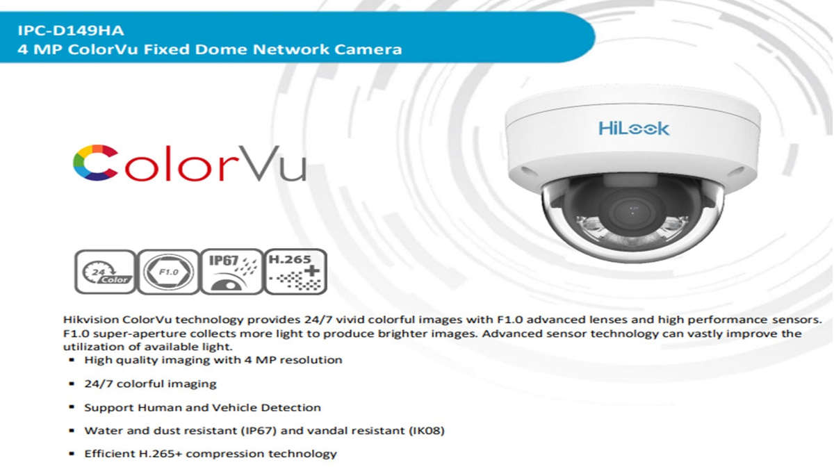 Hilook IPC-D149HA ColorVu 4MP IP Dome Camera - 2.8mm, 30m White Light, 120dB WDR, PoE