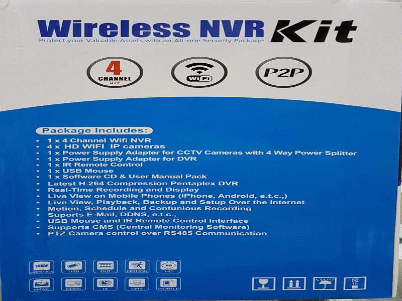 Zavision K9604 Wireless 4-Channel Camera Kit 1MP 720P - WiFi NVR, HDMI/VGA
