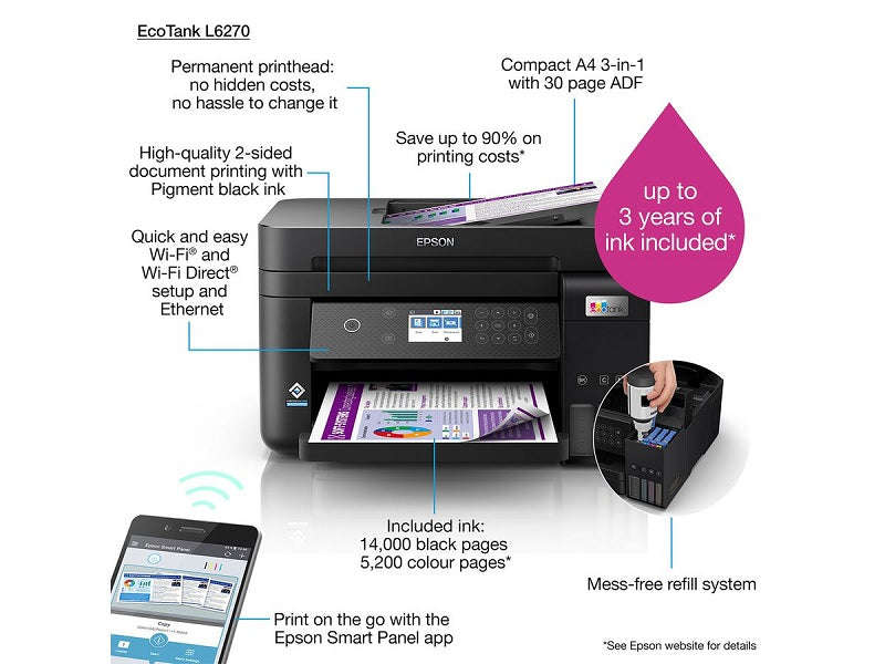 Epson EcoTank L6270 A4 Wi-Fi All-in-One Printer - Print/Scan/Copy, ADF, Duplex