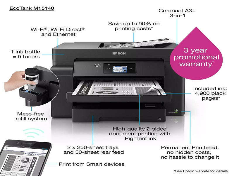 Epson EcoTank M15140 A3 Mono All-in-One Printer - 25 ppm, Duplex, Print/Scan/Copy