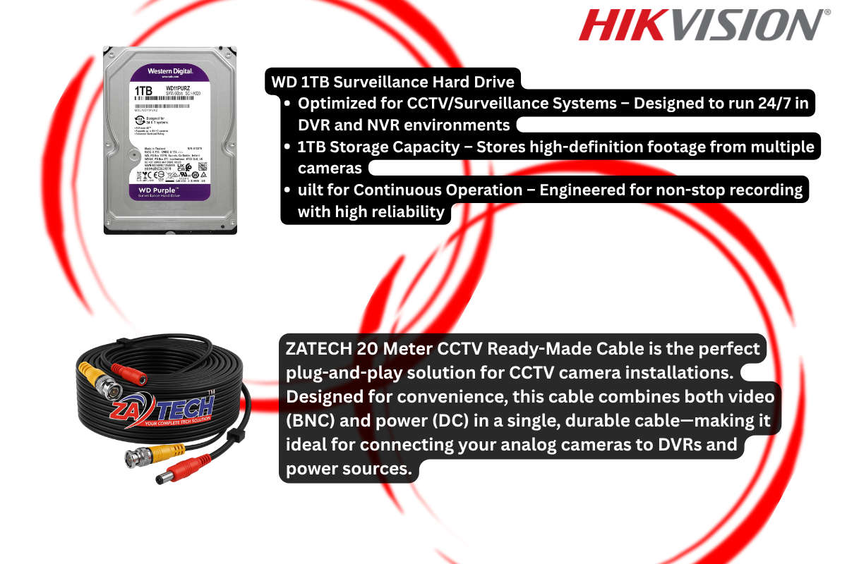Hikvision 8CH Dome CCTV Kit with 1 TB HDD and Zatech ready-made cable