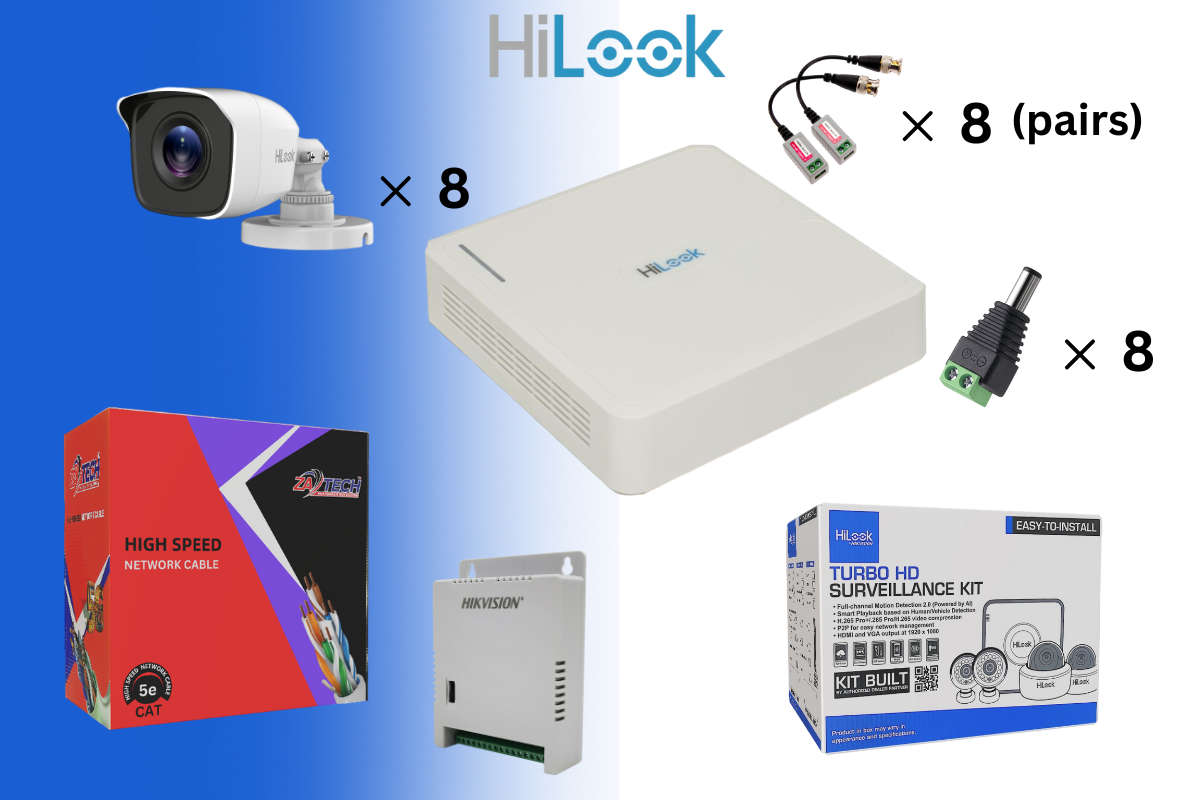 HiLook 8CH Analog CCTV Kit With Zatech 100m Cat5 Cable & Baluns