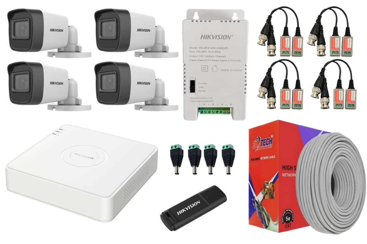Hikvision 4CH CCTV Kit with 2MP Cameras, 100m CAT5 & Baluns