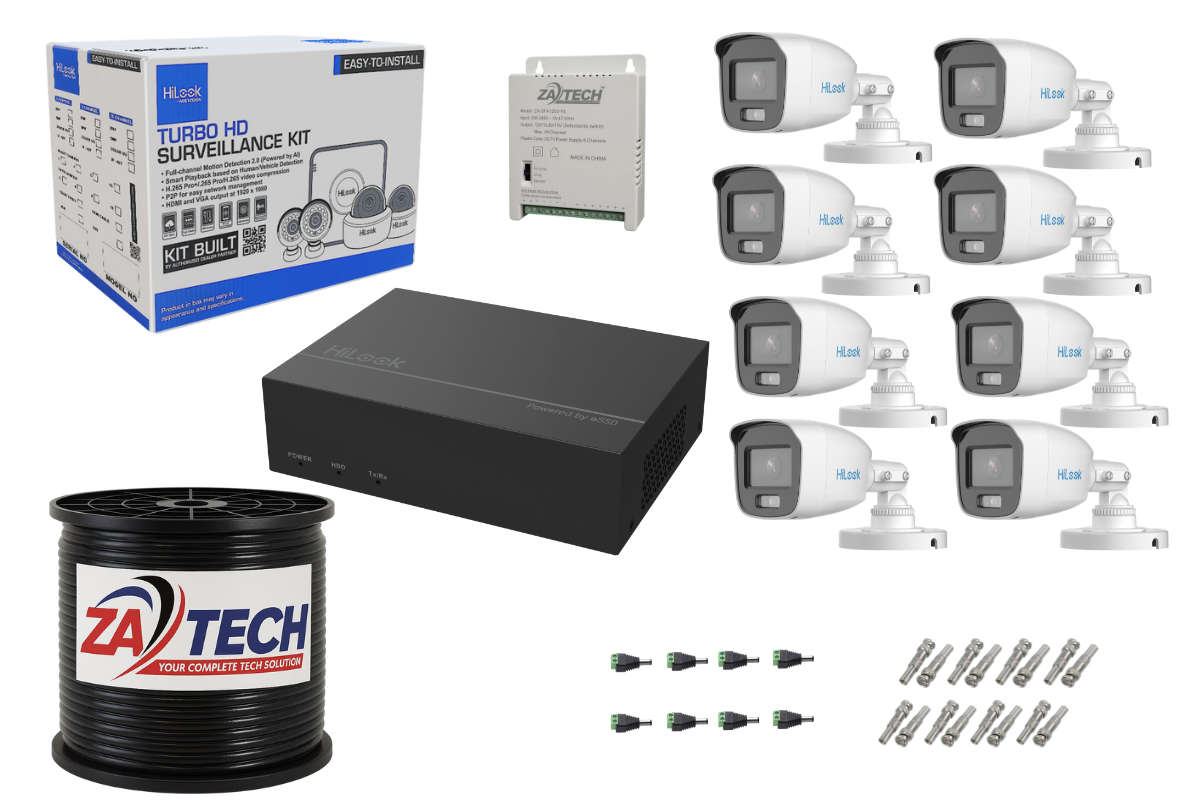 HiLook 8CH 2MP ColorVu eDVR CCTV Kit Built-in 512GB eSSD +Zatech Cable Roll