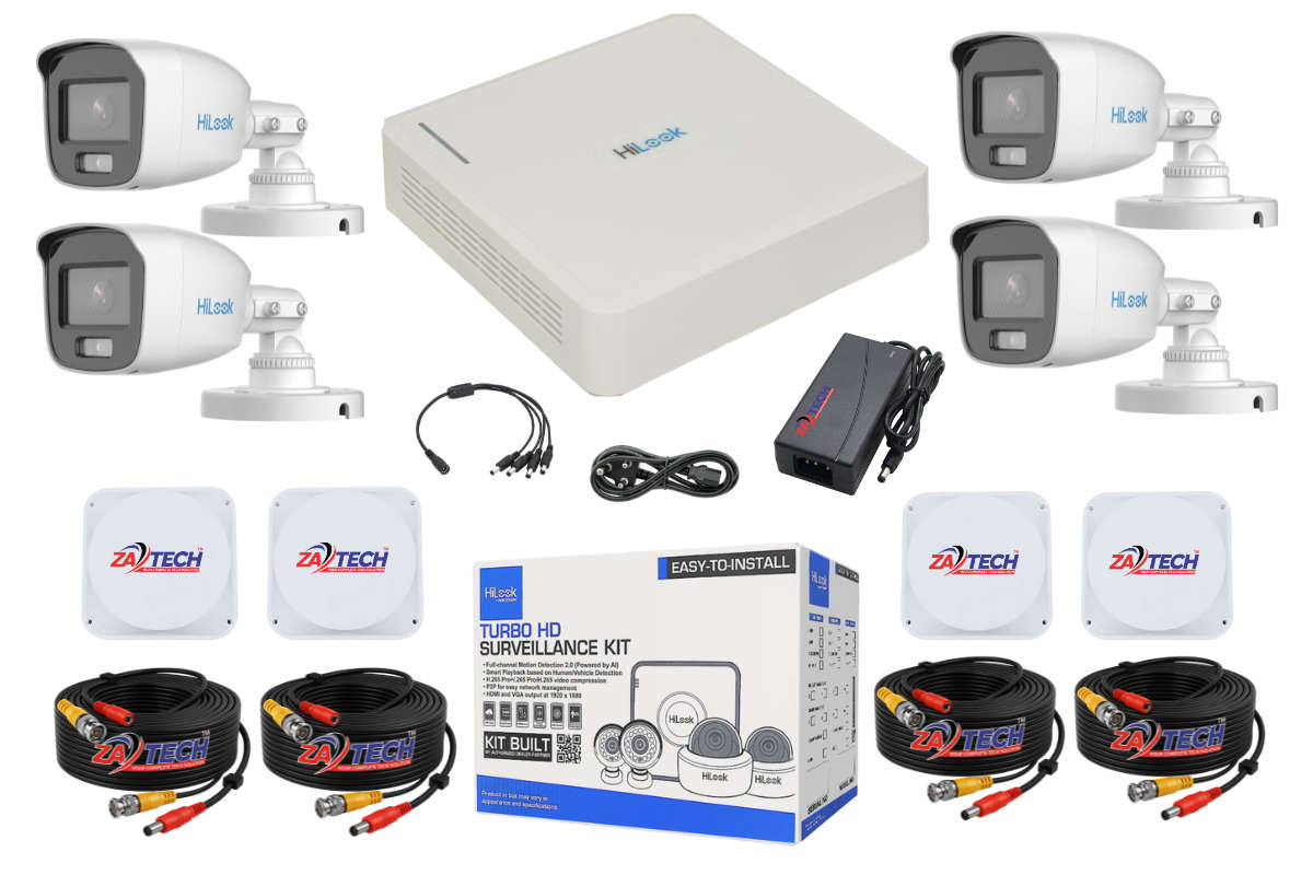 HiLook 4-Ch ColorVu CCTV Kit with Zatech Junction Boxes & ready-made Cables