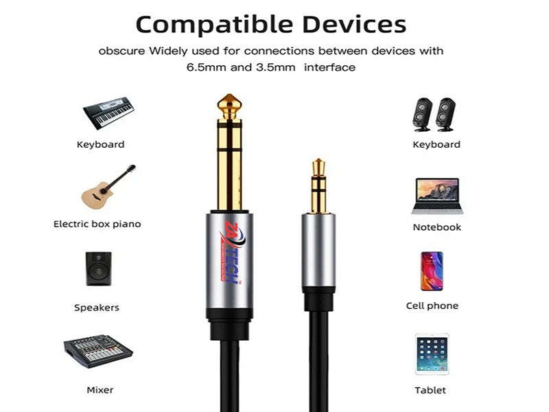 ZATECH Microphone Cable 3.5mm Male to 6.35mm Male - 5m Audio Interconnect
