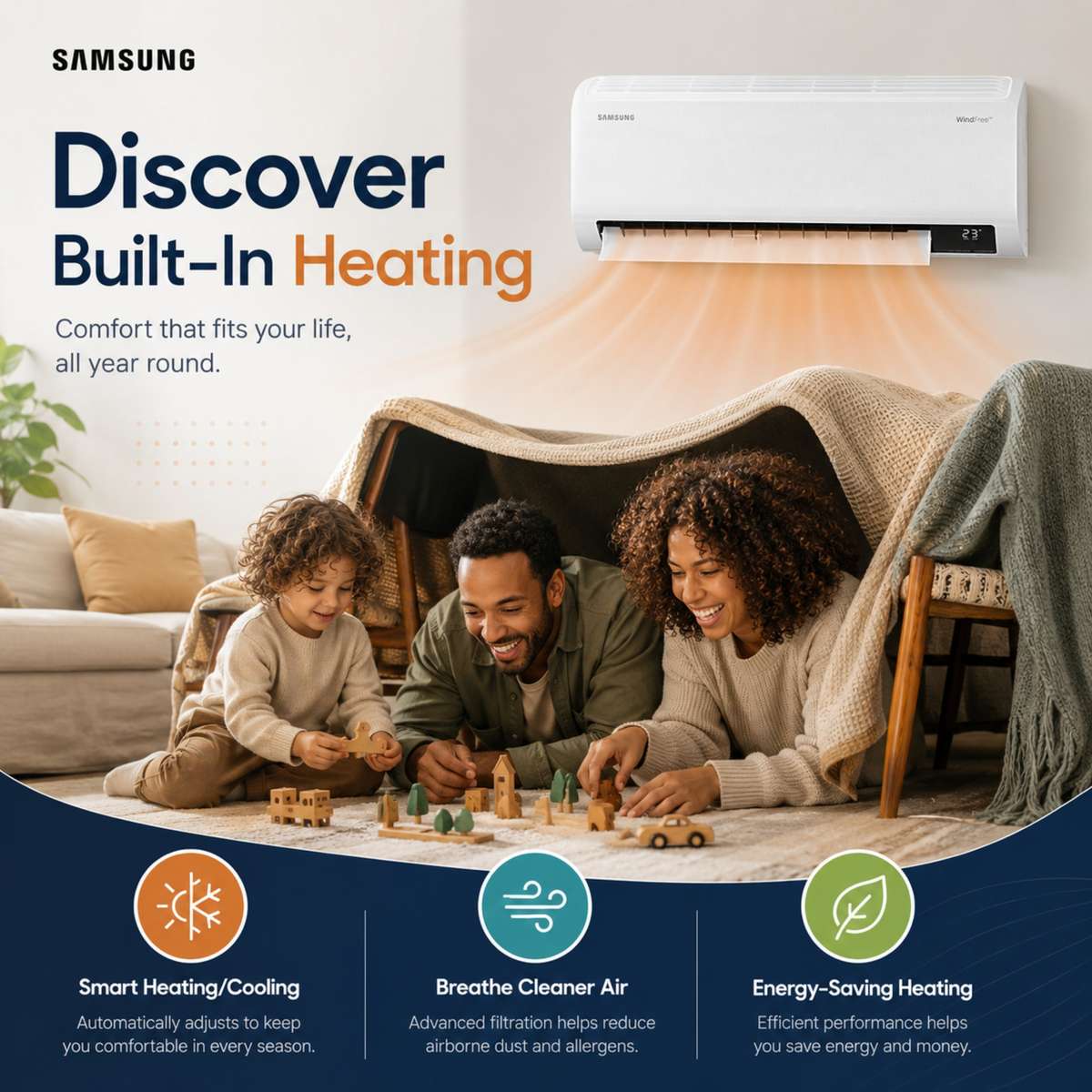 Samsung AR6500 24000 BTU WindFree Inverter Split Air Conditioner - Heating & Cooling, R410A