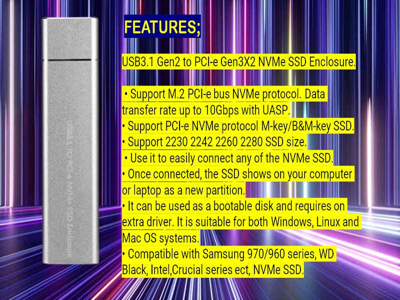 Type-C NVMe M.2 SSD Enclosure - USB 3.1 Gen2, 10Gbps, PCIe, UASP External Case