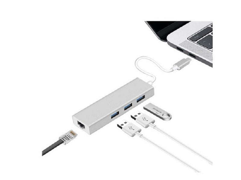 Alcell USB-C Hub 3-Port USB 3.0 + RJ45 Ethernet LAN Adapter (TC3PHL)