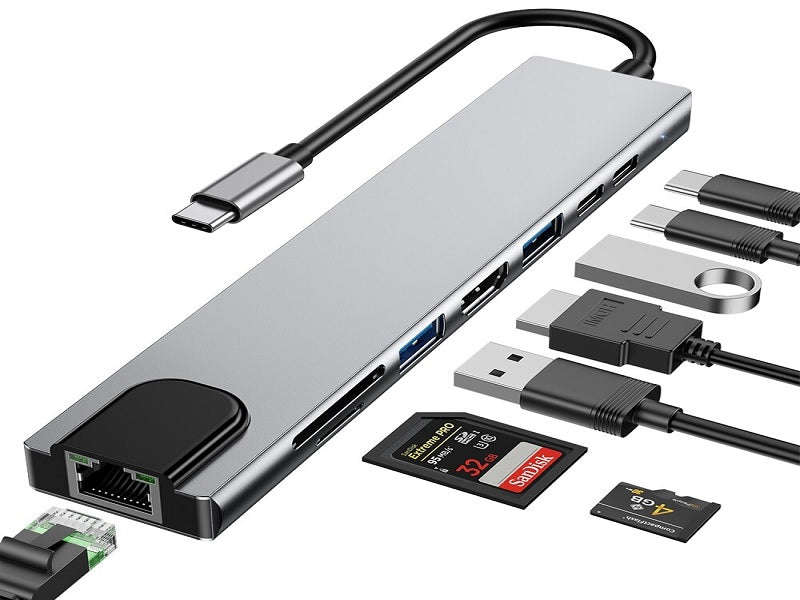 USB-C 8-in-1 Hub - HDMI 4K, Gigabit RJ45, 2x Type-C, 2x USB 3.0, SD/TF, PD 87W