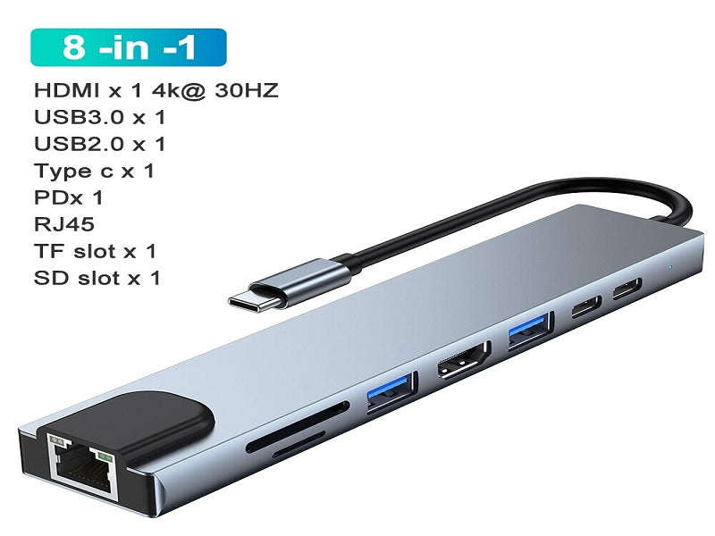 USB-C 8-in-1 Hub - HDMI 4K, Gigabit RJ45, 2x Type-C, 2x USB 3.0, SD/TF, PD 87W
