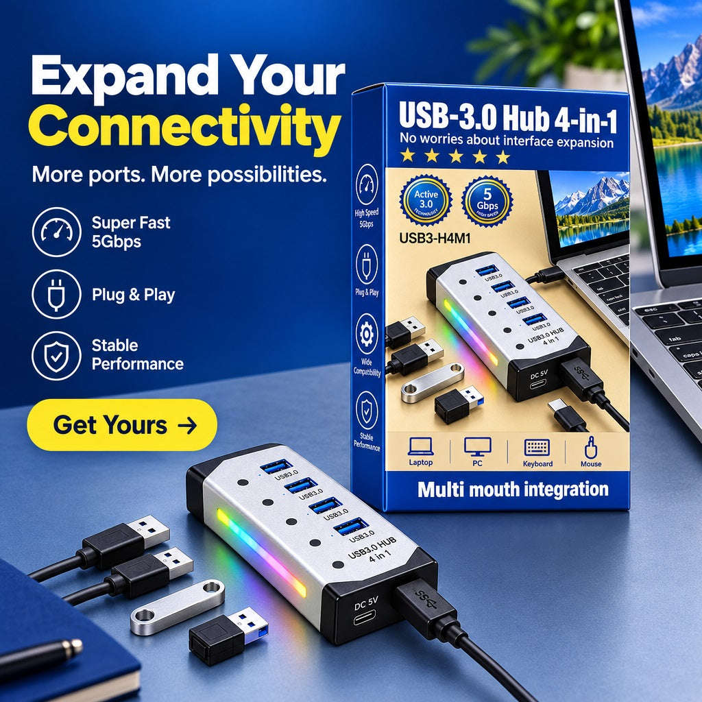 4-in-1 USB 3.0 Multi-Port Hub Adapter for Laptop & PC (USB3-H4M1)