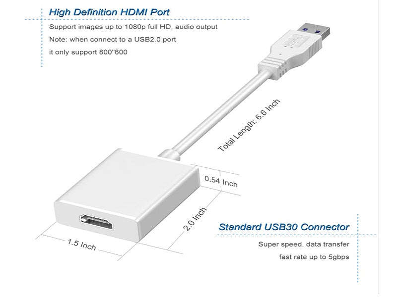 USB 3.0 to HDMI Adapter Cable - 1080p 60Hz, 5Gbps, Multi-Display Converter