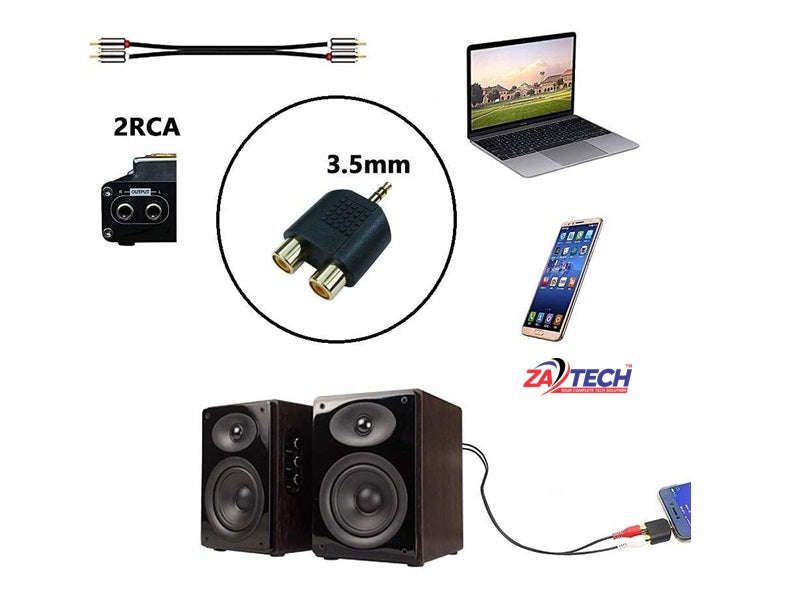 ZATECH ZA-1SF-2RCAF 3.5mm Female to 2 RCA Female Audio Adapter - Gold Plated