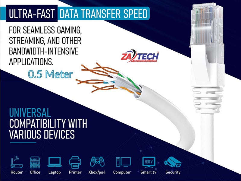 ZATECH Cat6 Ethernet Cable 0.5m - RJ45 Gigabit Network Patch Cable (ZA-CAT6-0.5M)