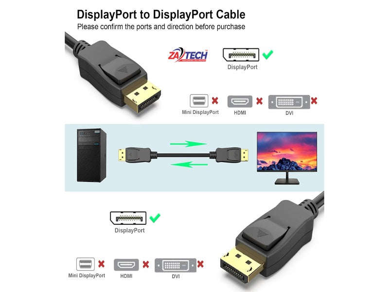 ZATECH DisplayPort to DisplayPort Cable 1.8m - 4K UHD, Gold-Plated Latch