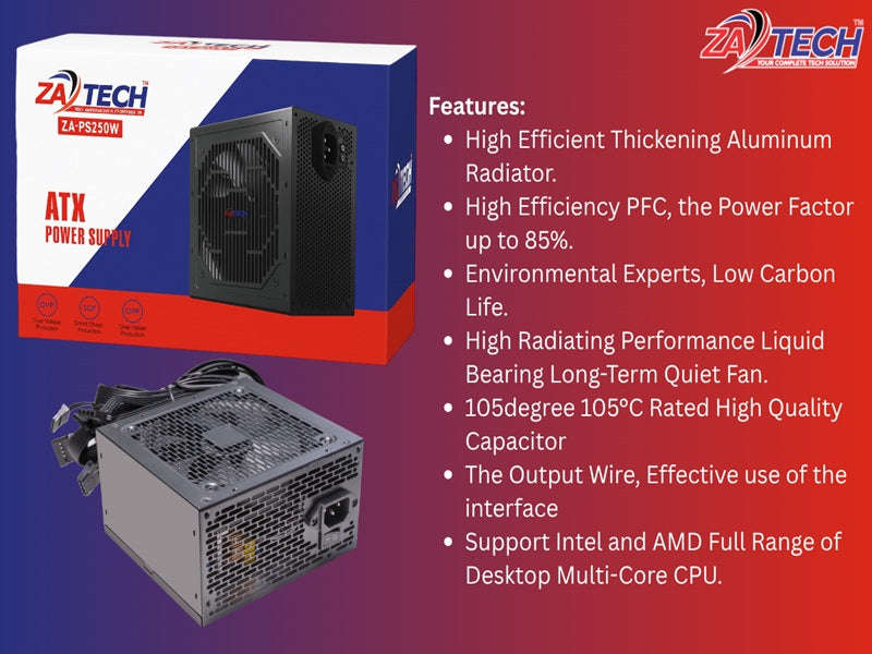 ZATECH 250W ATX Computer Power Supply - Active PFC, Quiet Fan, Intel/AMD (ZA-PS250W)