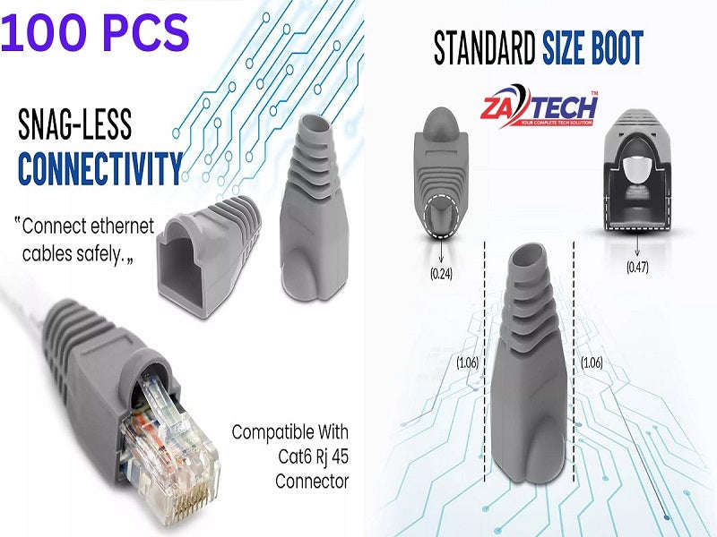 ZATECH RJ45 Rubber Boots 100-Pack - Strain Relief for Cat5/Cat5e/Cat6