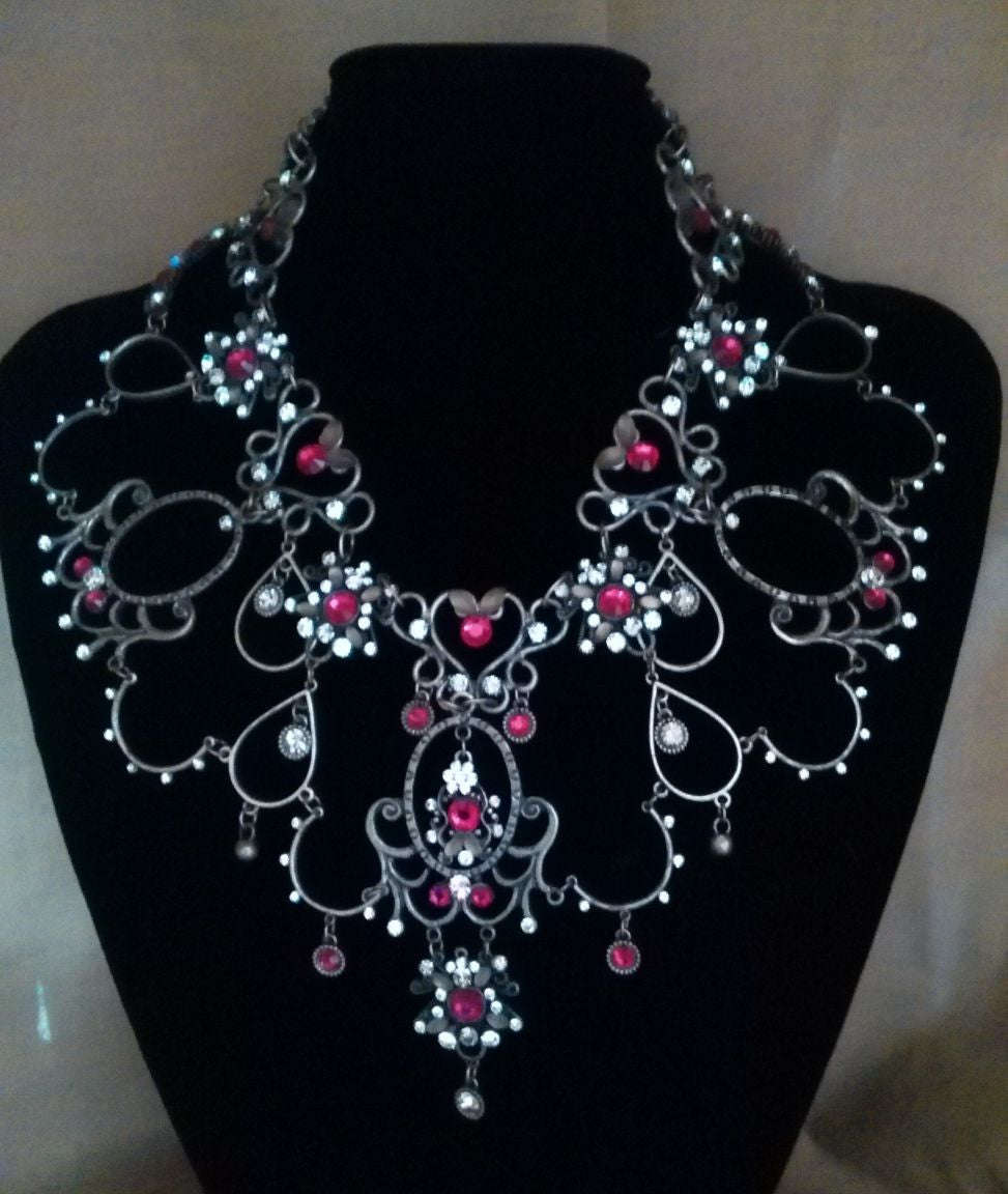 Large pewter and diamante jewelled necklace