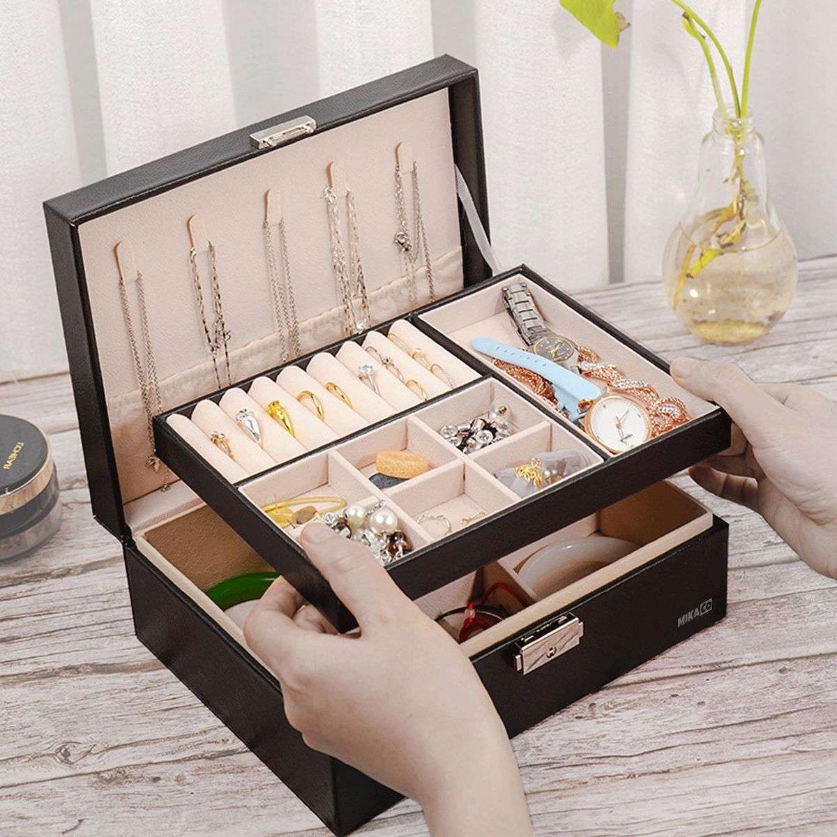 Compact PU Leather Double Layer Lockable Jewelry Storage Box Organizer-Tiered Tray - Green