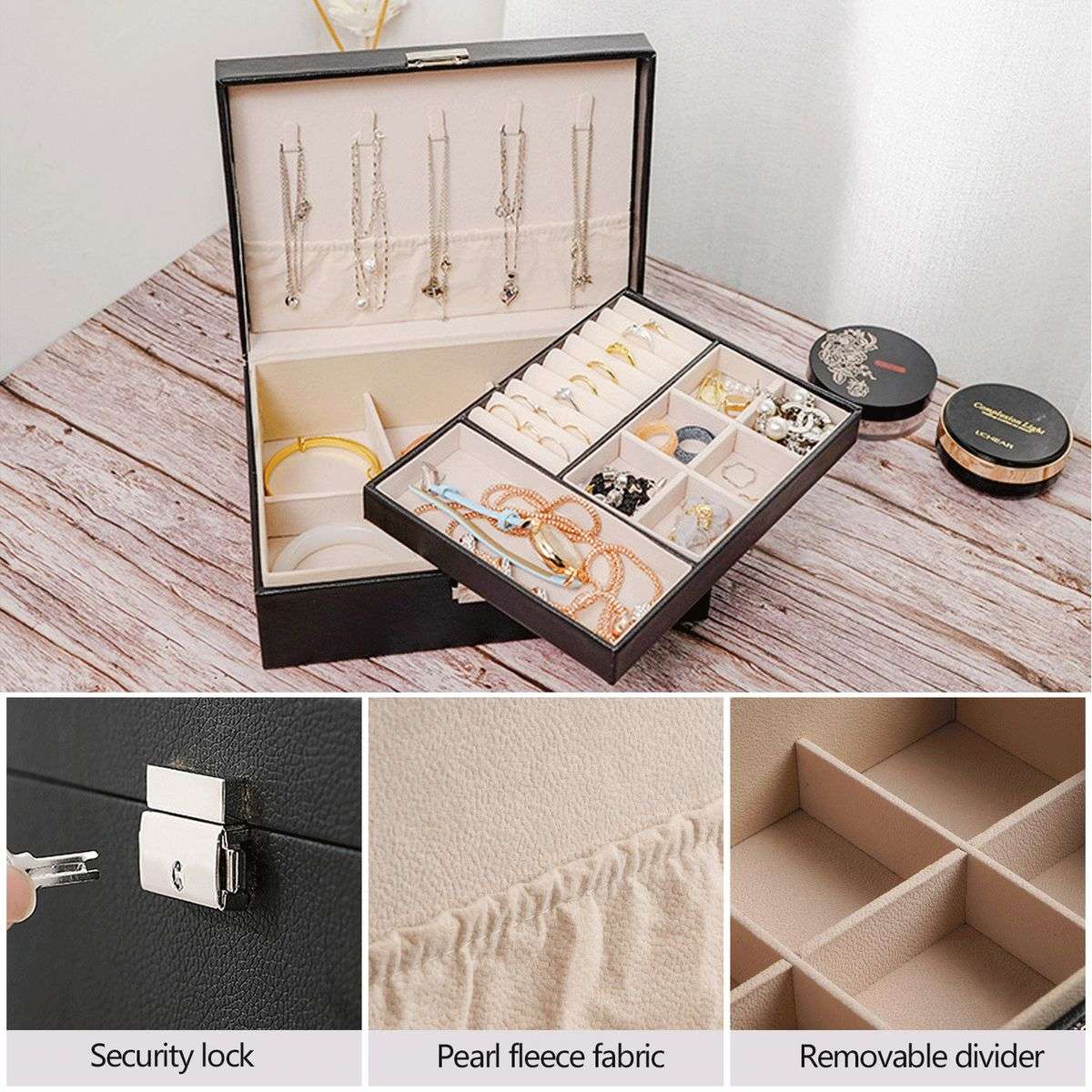 Compact PU Leather Double Layer Lockable Jewelry Storage Box Organizer-Tiered Tray - Green